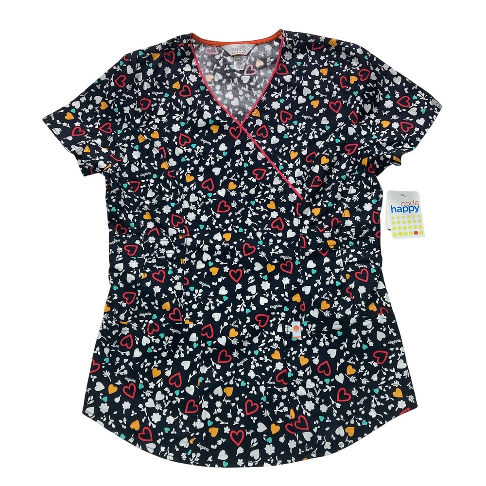 Code Happy Hearts Inspire Hope Love Mock Wrap Scrub Top Black Multi Small‎ NWT